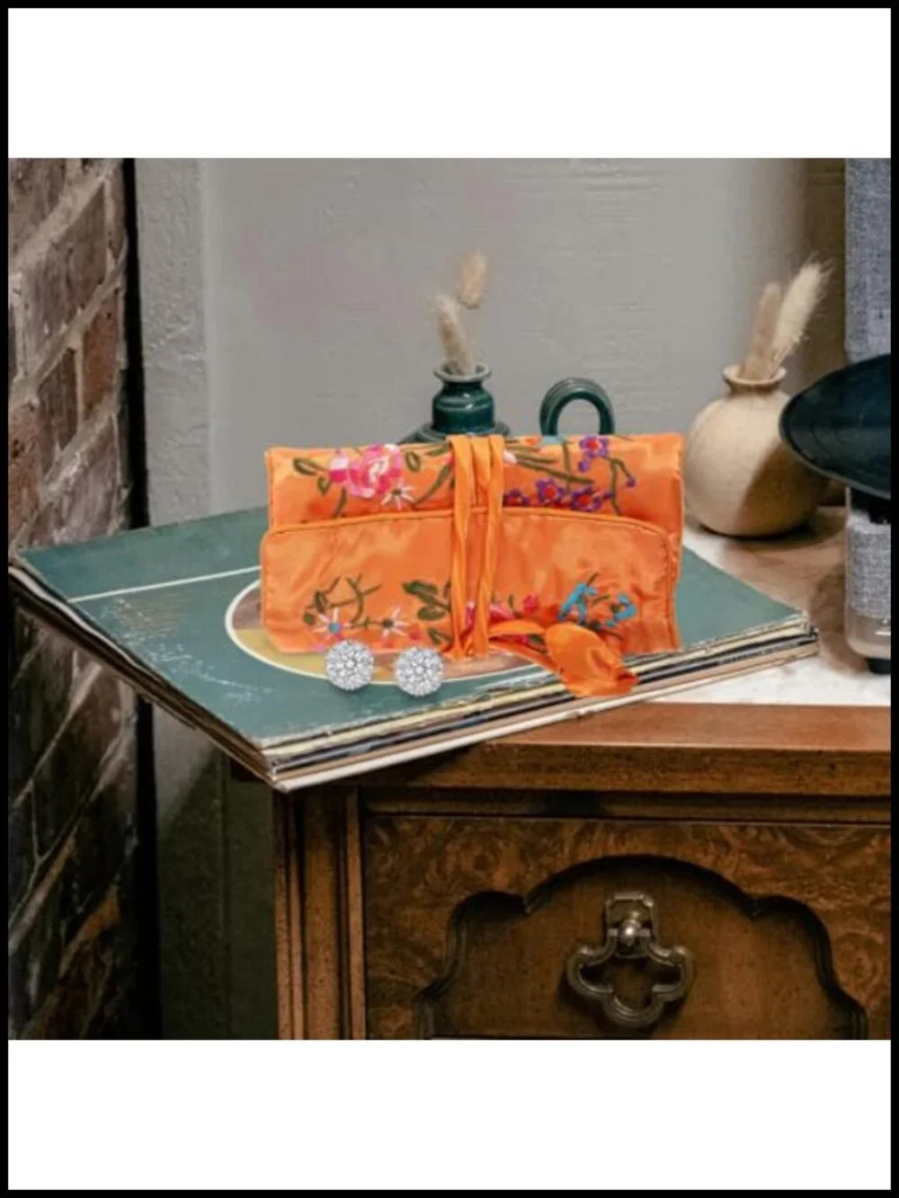 Handmade Embroidered Jewelry Roll Bag Travel Organizer with Zipper Pocket Silk